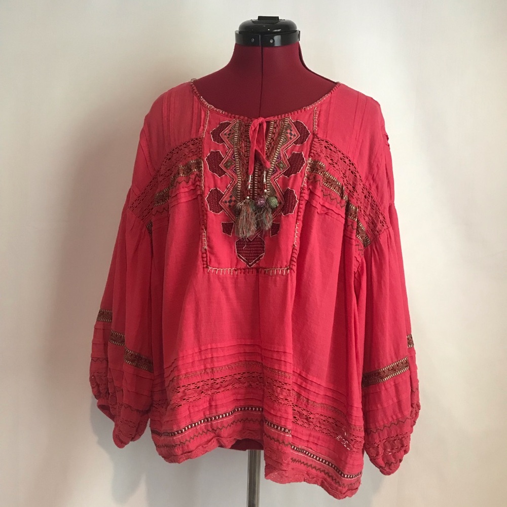 Sundance Coral Red Embroidered Boho Blouse - Picture 11 of 13